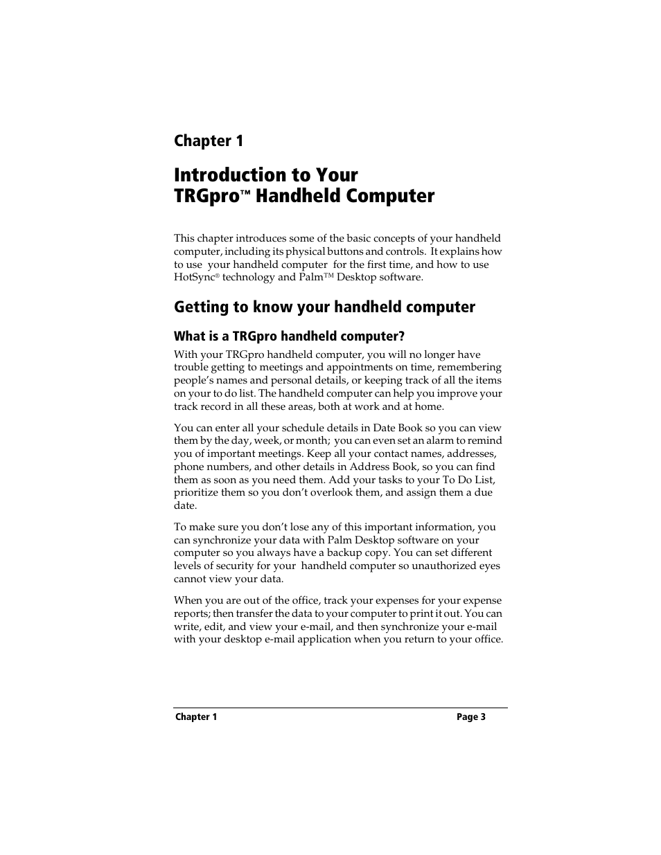 Chapter 1, Introduction to your trgpro™ handheld computer, Getting to know your handheld computer | What is a trgpro handheld computer, Introduction to your trgpro, Handheld computer | 3Com TRGpro User Manual | Page 11 / 260