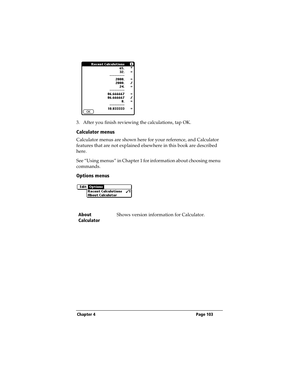 Calculator menus, Options menus | 3Com TRGpro User Manual | Page 111 / 260