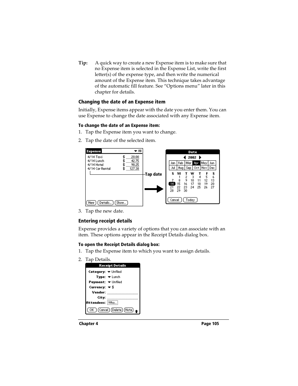 Changing the date of an expense item, To change the date of an expense item, Entering receipt details | To open the receipt details dialog box | 3Com TRGpro User Manual | Page 113 / 260