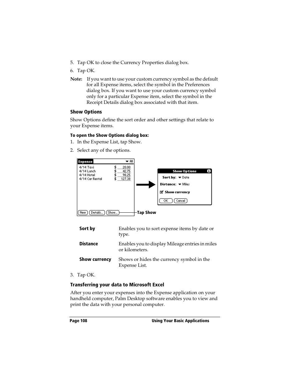 Show options, To open the show options dialog box, Transferring your data to microsoft excel | See “transferring your data to microsoft excel | 3Com TRGpro User Manual | Page 116 / 260