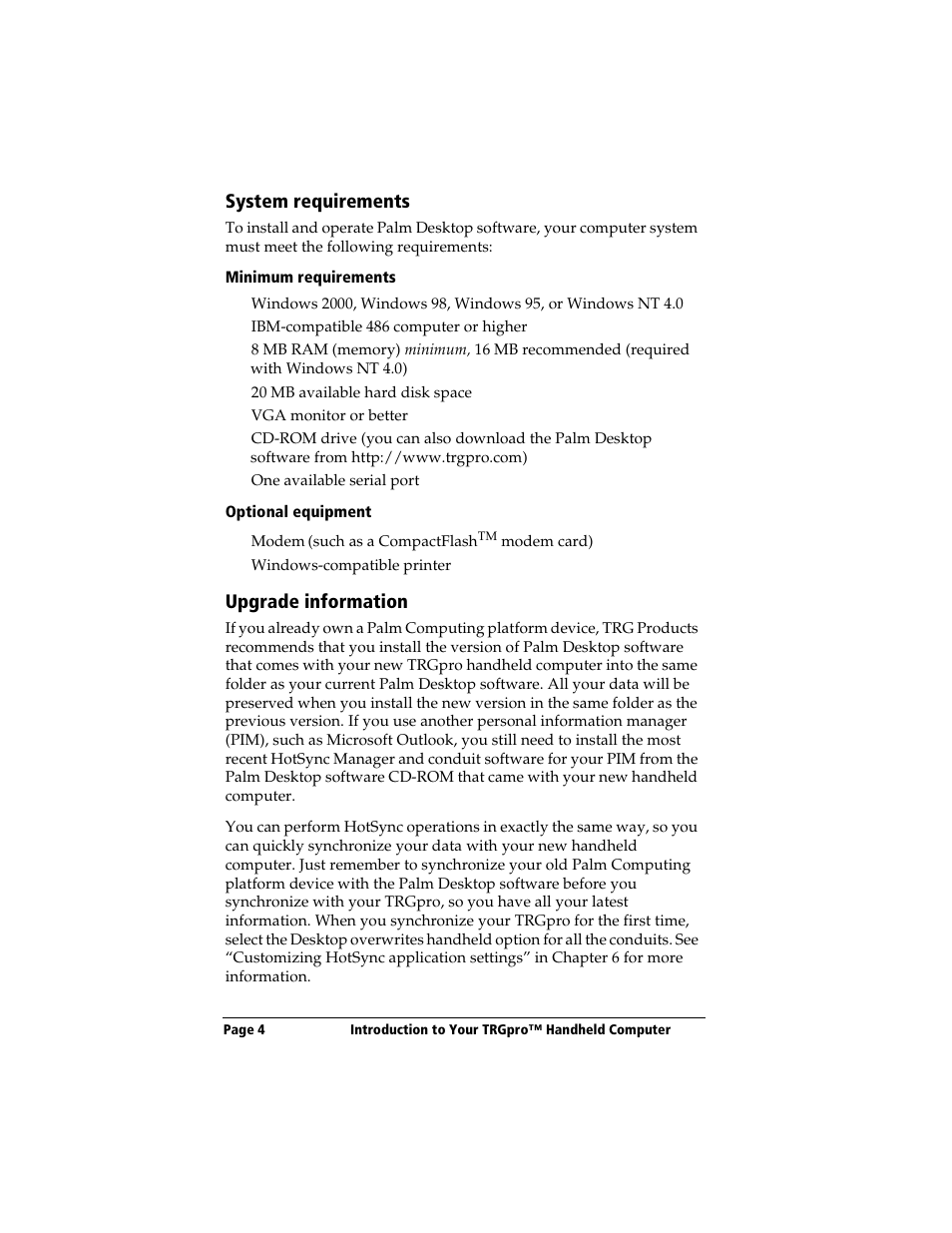 System requirements, Minimum requirements, Optional equipment | Upgrade information | 3Com TRGpro User Manual | Page 12 / 260