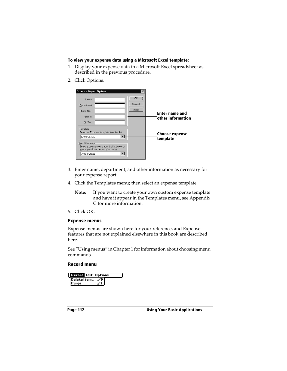 Expense menus, Record menu | 3Com TRGpro User Manual | Page 120 / 260