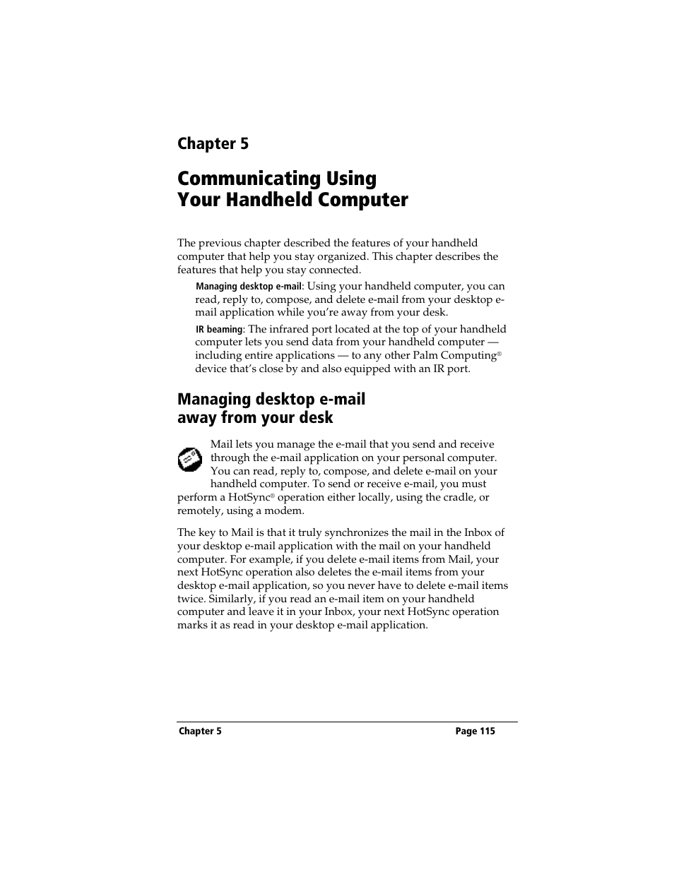 Chapter 5, Communicating using your handheld computer, Managing desktop e-mail away from your desk | 3Com TRGpro User Manual | Page 123 / 260