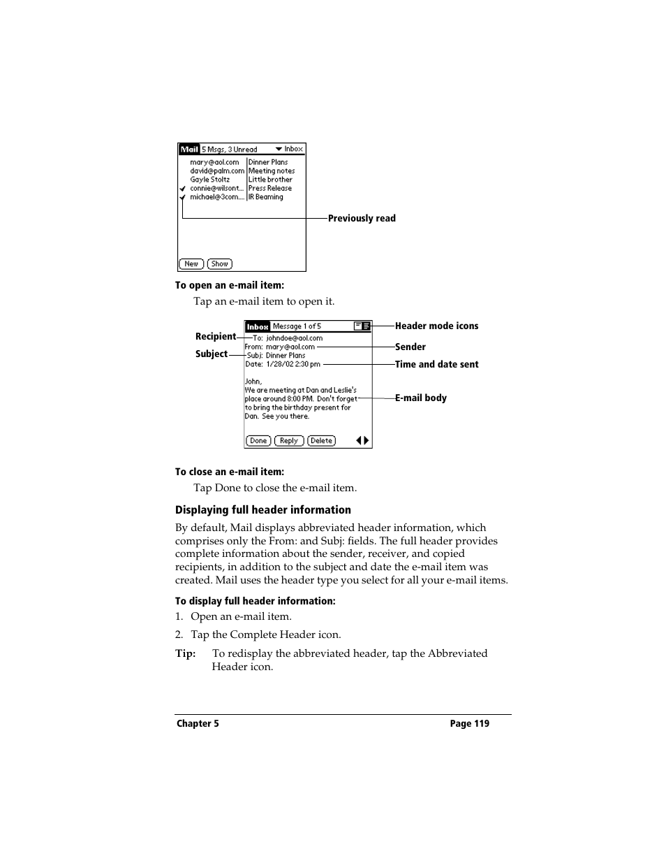 To open an e-mail item, To close an e-mail item, Displaying full header information | To display full header information | 3Com TRGpro User Manual | Page 127 / 260