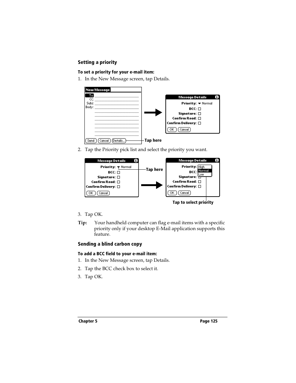 Setting a priority, To set a priority for your e-mail item, Sending a blind carbon copy | To add a bcc field to your e-mail item | 3Com TRGpro User Manual | Page 133 / 260