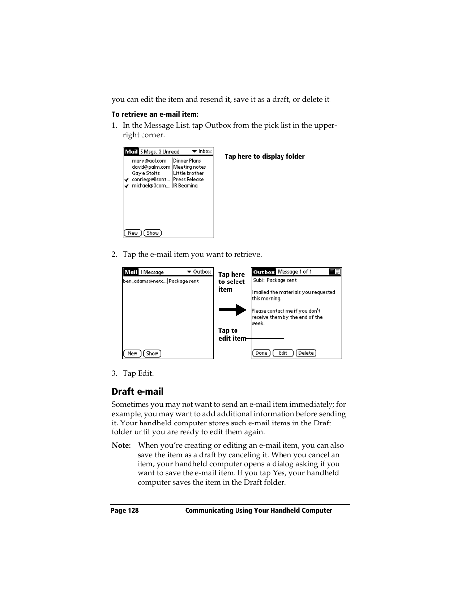 To retrieve an e-mail item, Draft e-mail | 3Com TRGpro User Manual | Page 136 / 260