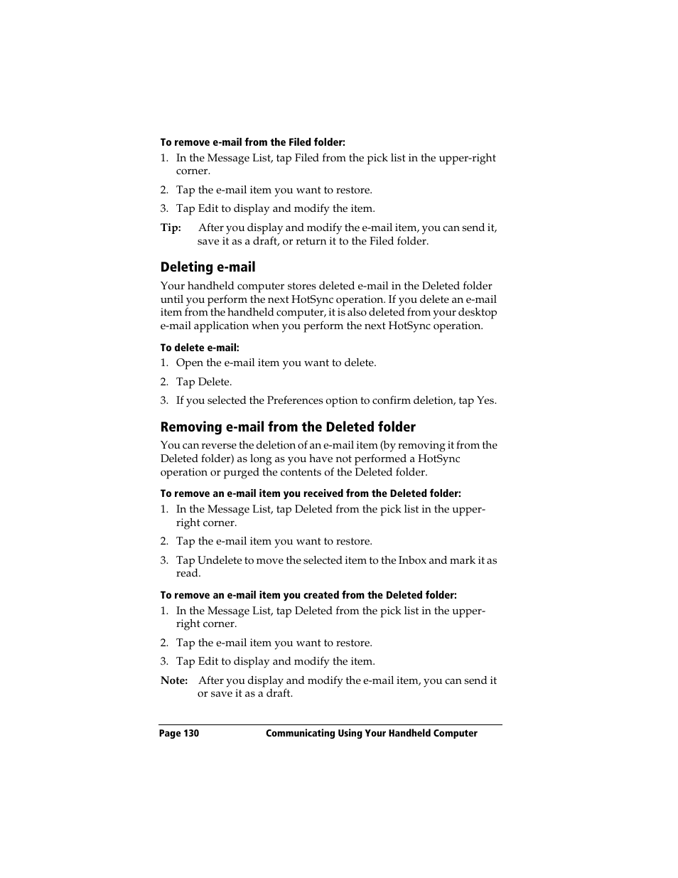 To remove e-mail from the filed folder, Deleting e-mail, To delete e-mail | Removing e-mail from the deleted folder | 3Com TRGpro User Manual | Page 138 / 260