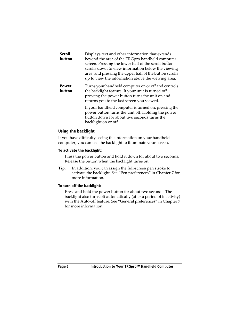 Using the backlight, To activate the backlight, To turn off the backlight | 3Com TRGpro User Manual | Page 14 / 260