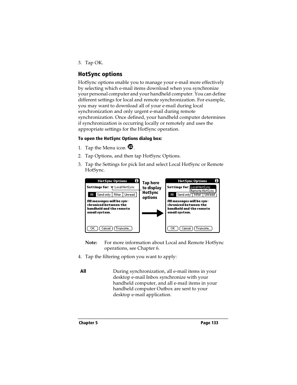 Hotsync options, To open the hotsync options dialog box | 3Com TRGpro User Manual | Page 141 / 260