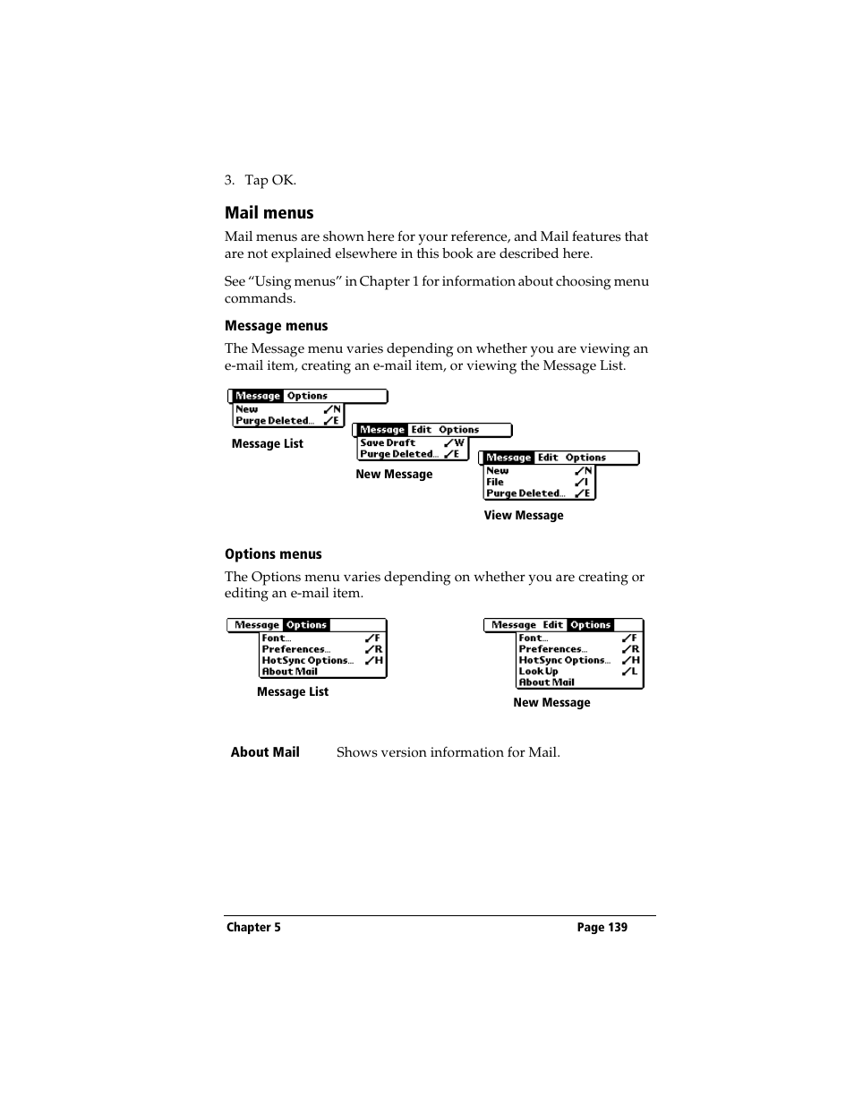 Mail menus, Message menus, Options menus | 3Com TRGpro User Manual | Page 147 / 260