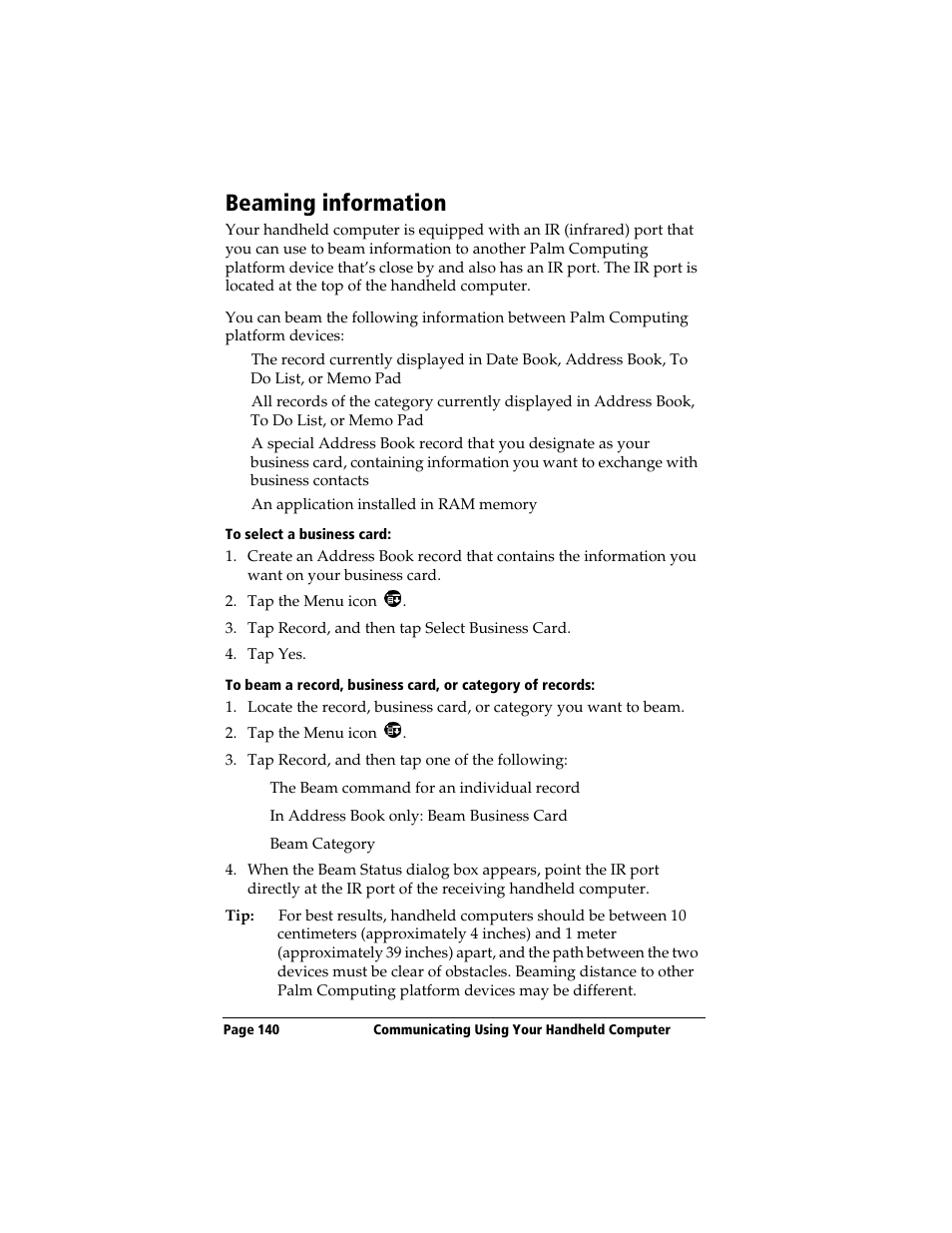 Beaming information, To select a business card | 3Com TRGpro User Manual | Page 148 / 260