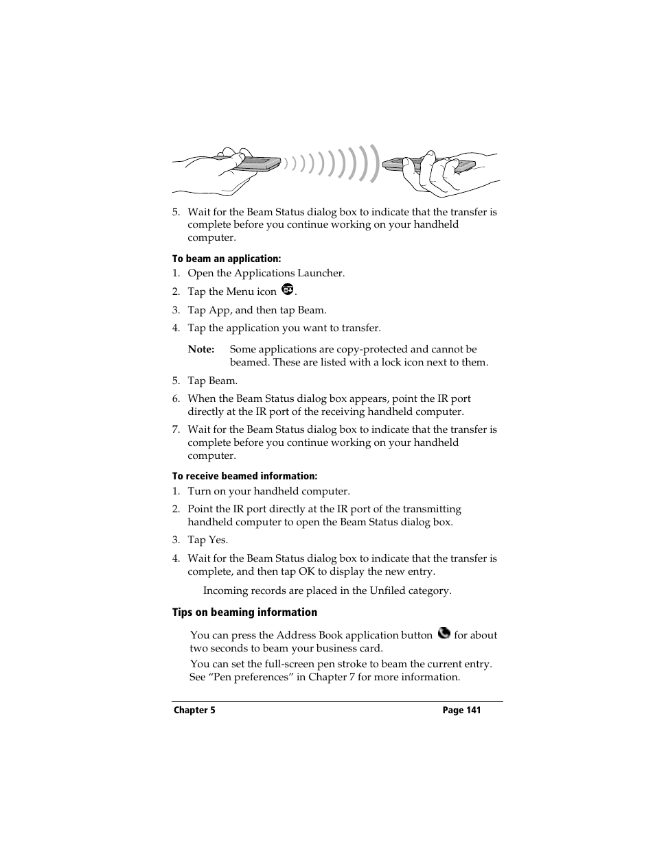 To beam an application, To receive beamed information, Tips on beaming information | 3Com TRGpro User Manual | Page 149 / 260