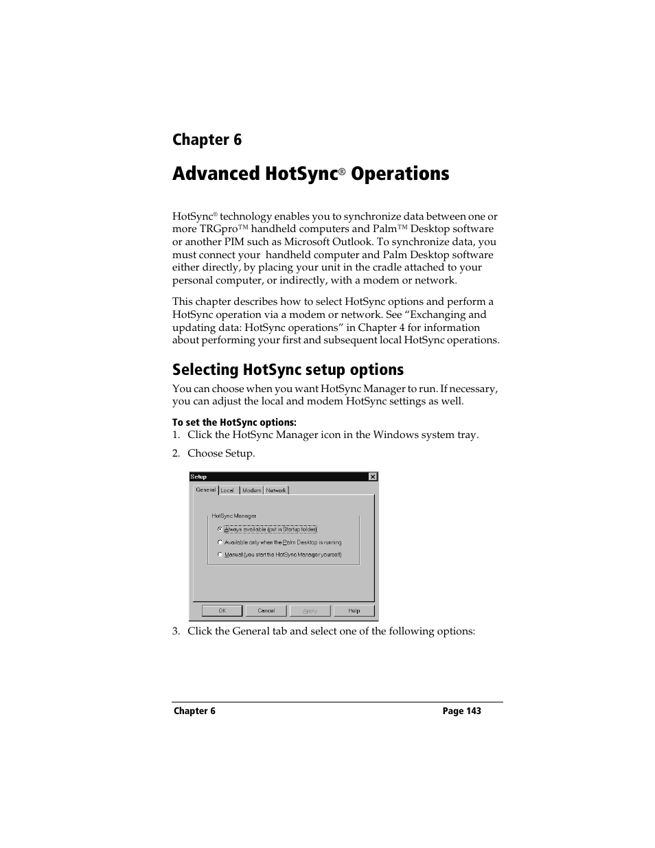 Chapter 6, Advanced hotsync® operations, Selecting hotsync setup options | To set the hotsync options, Advanced hotsync, Operations | 3Com TRGpro User Manual | Page 151 / 260