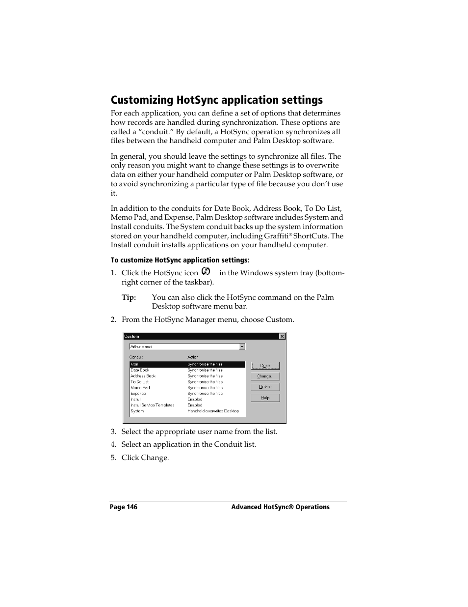 Customizing hotsync application settings, To customize hotsync application settings | 3Com TRGpro User Manual | Page 154 / 260