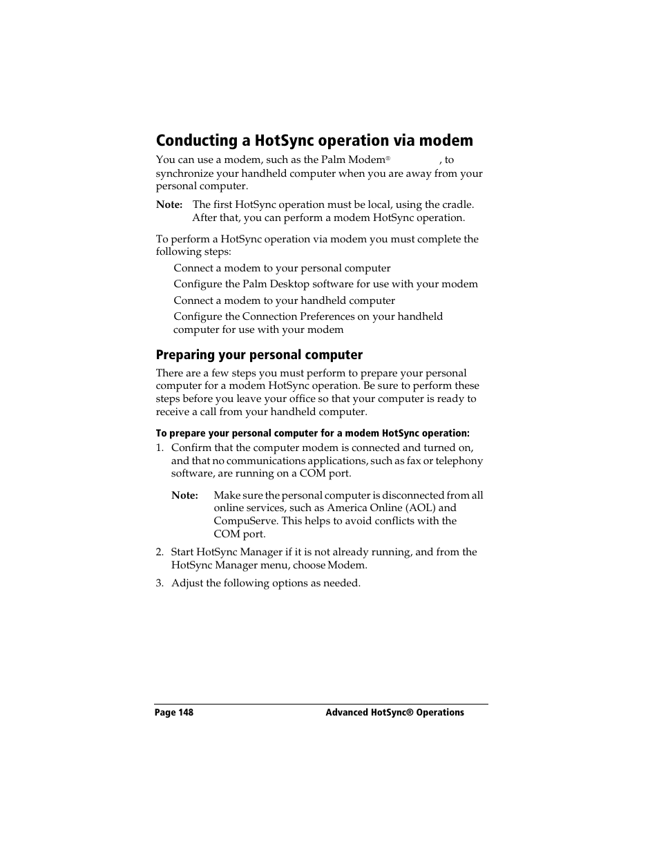 Conducting a hotsync operation via modem, Preparing your personal computer | 3Com TRGpro User Manual | Page 156 / 260