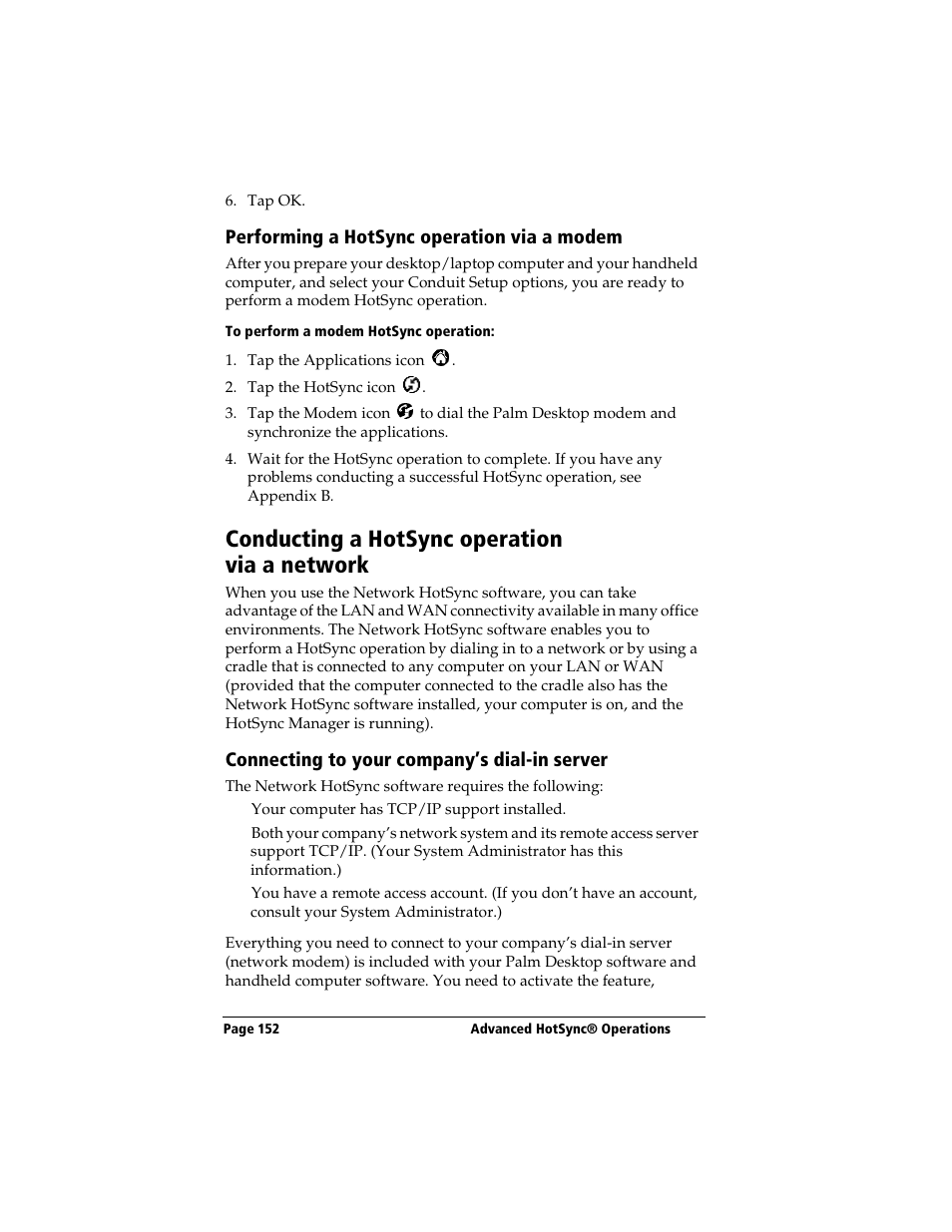 Performing a hotsync operation via a modem, To perform a modem hotsync operation, Conducting a hotsync operation via a network | Connecting to your company’s dial-in server | 3Com TRGpro User Manual | Page 160 / 260