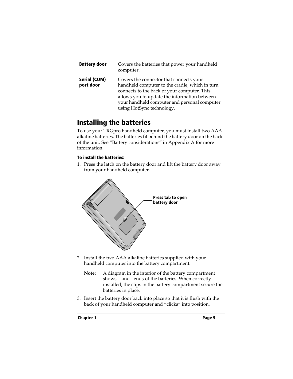 Installing the batteries, To install the batteries | 3Com TRGpro User Manual | Page 17 / 260