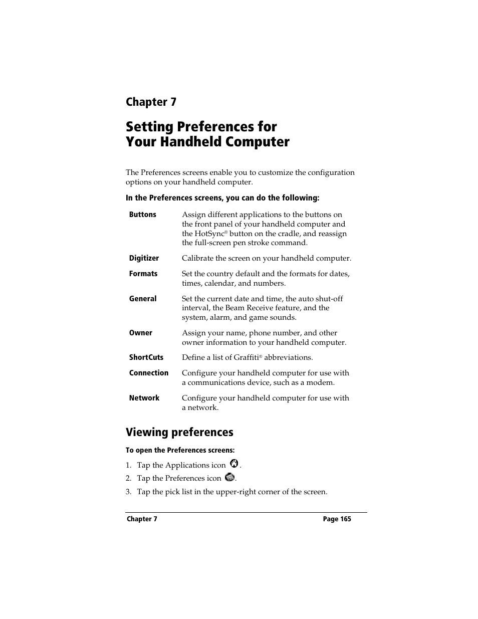 Chapter 7, Setting preferences for your handheld computer, Viewing preferences | To open the preferences screens | 3Com TRGpro User Manual | Page 173 / 260