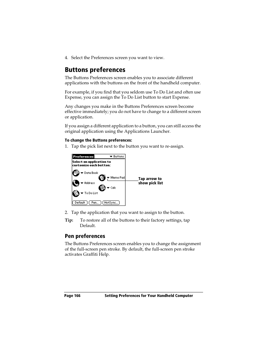 Buttons preferences, To change the buttons preferences, Pen preferences | 3Com TRGpro User Manual | Page 174 / 260