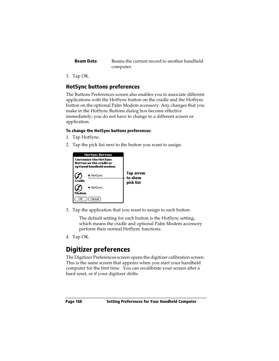 Hotsync buttons preferences, To change the hotsync buttons preferences, Digitizer preferences | 3Com TRGpro User Manual | Page 176 / 260