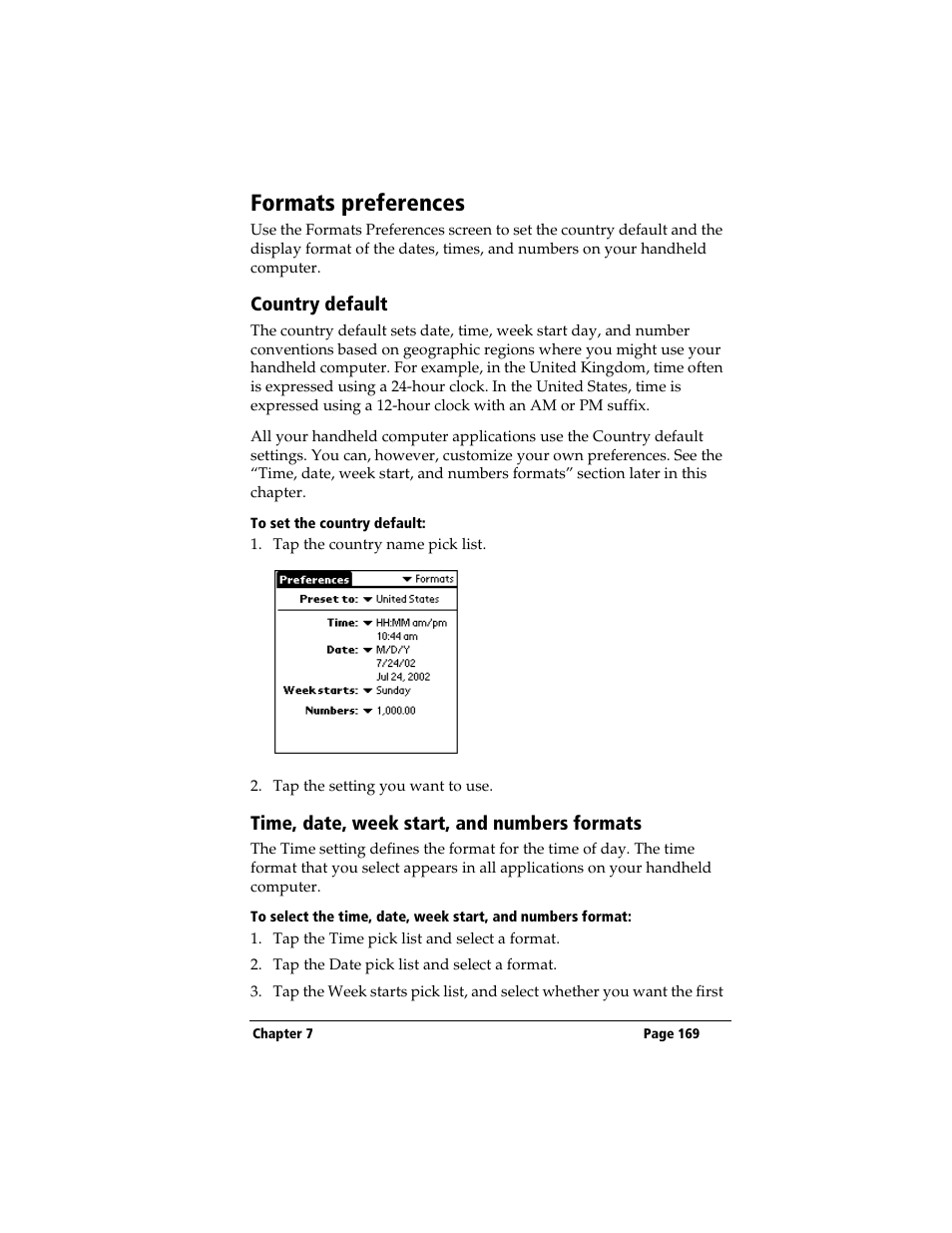 Formats preferences, Country default, To set the country default | Time, date, week start, and numbers formats | 3Com TRGpro User Manual | Page 177 / 260