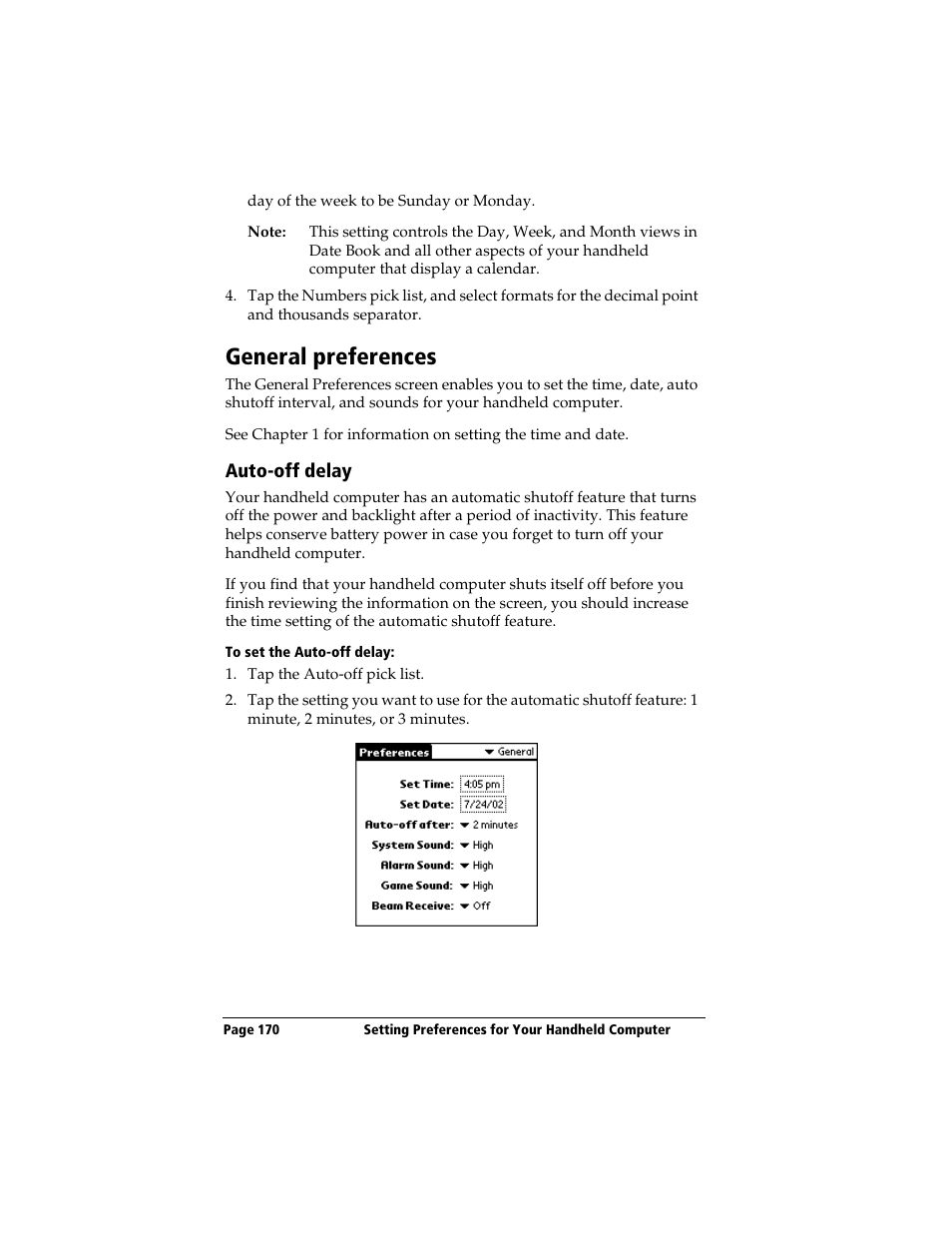 General preferences, Auto-off delay, To set the auto-off delay | 3Com TRGpro User Manual | Page 178 / 260