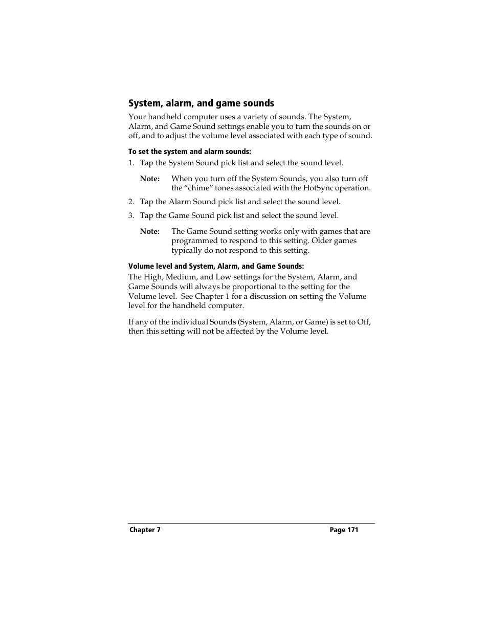 System, alarm, and game sounds, To set the system and alarm sounds, Volume level and system, alarm, and game sounds | 3Com TRGpro User Manual | Page 179 / 260