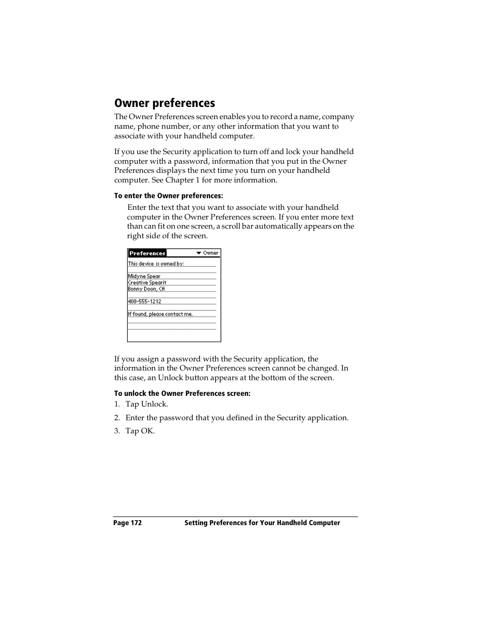 Owner preferences, To enter the owner preferences, To unlock the owner preferences screen | 3Com TRGpro User Manual | Page 180 / 260