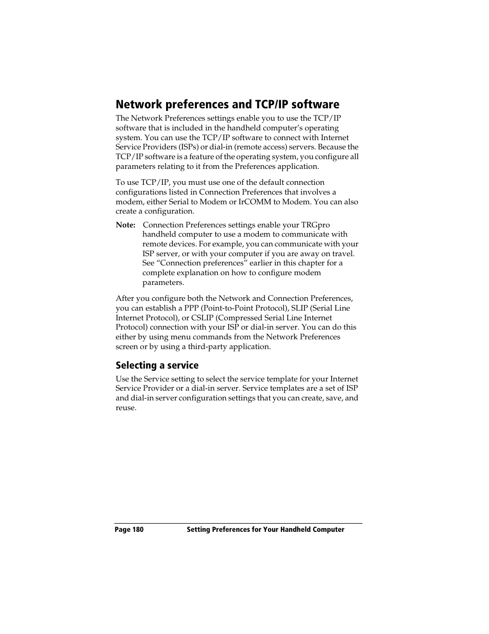 Network preferences and tcp/ip software, Selecting a service | 3Com TRGpro User Manual | Page 188 / 260