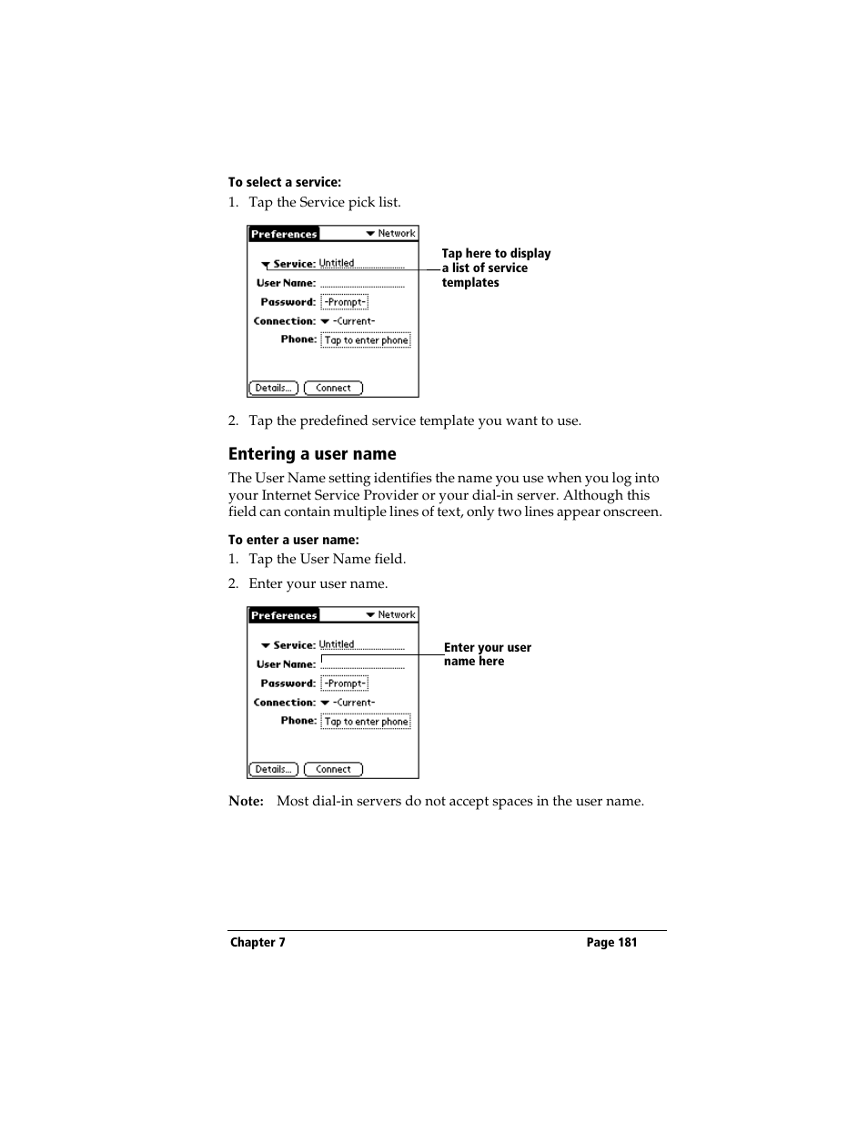 To select a service, Entering a user name, To enter a user name | 3Com TRGpro User Manual | Page 189 / 260