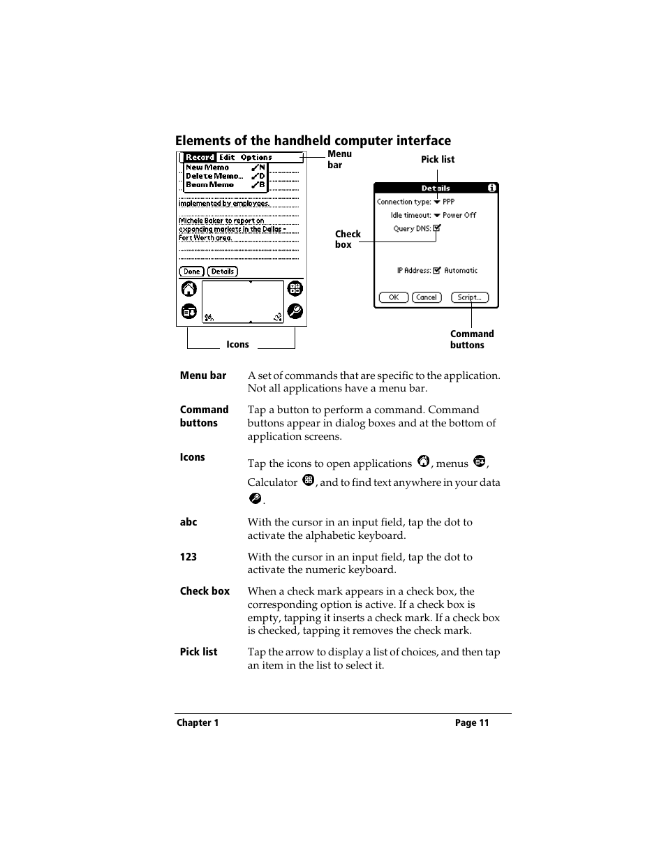 Elements of the handheld computer interface | 3Com TRGpro User Manual | Page 19 / 260