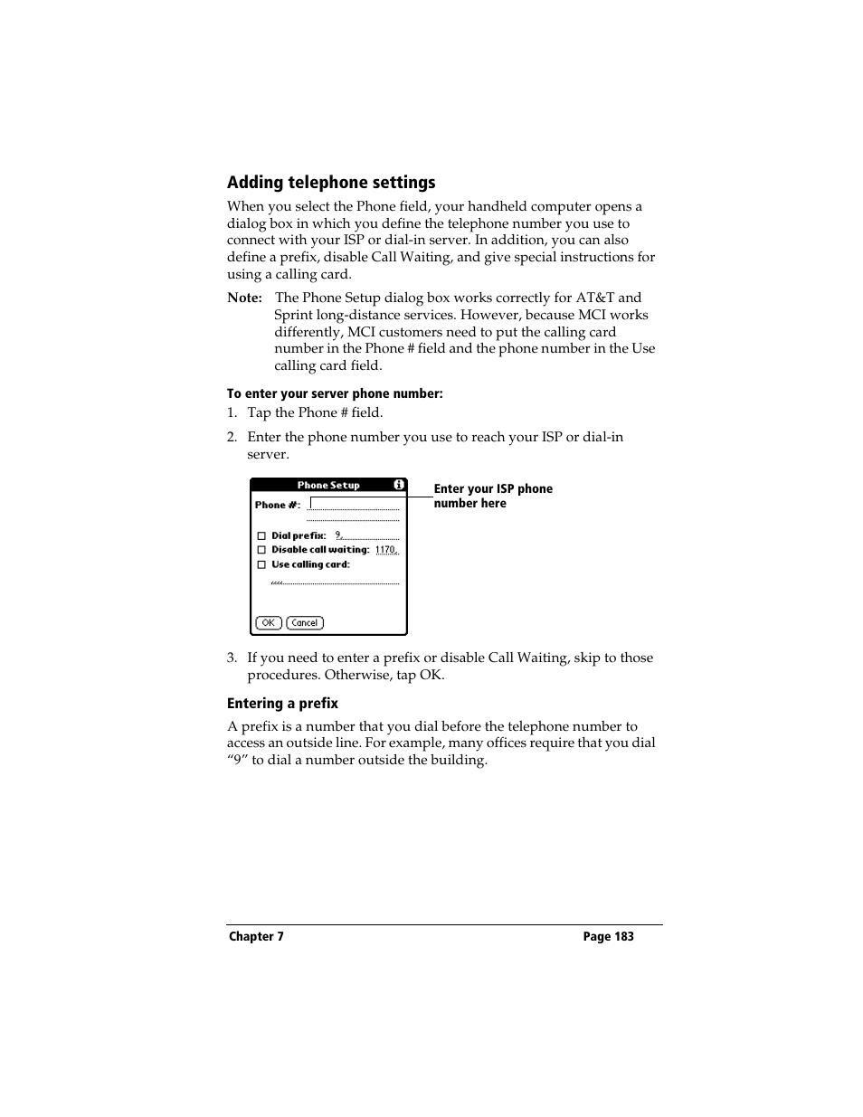 Adding telephone settings, To enter your server phone number, Entering a prefix | 3Com TRGpro User Manual | Page 191 / 260