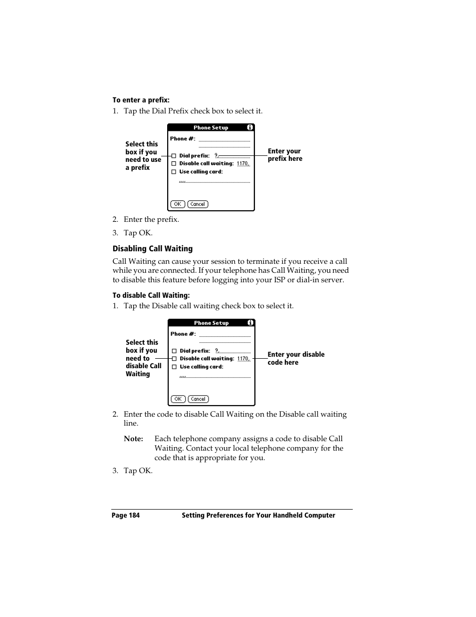 To enter a prefix, Disabling call waiting, To disable call waiting | 3Com TRGpro User Manual | Page 192 / 260