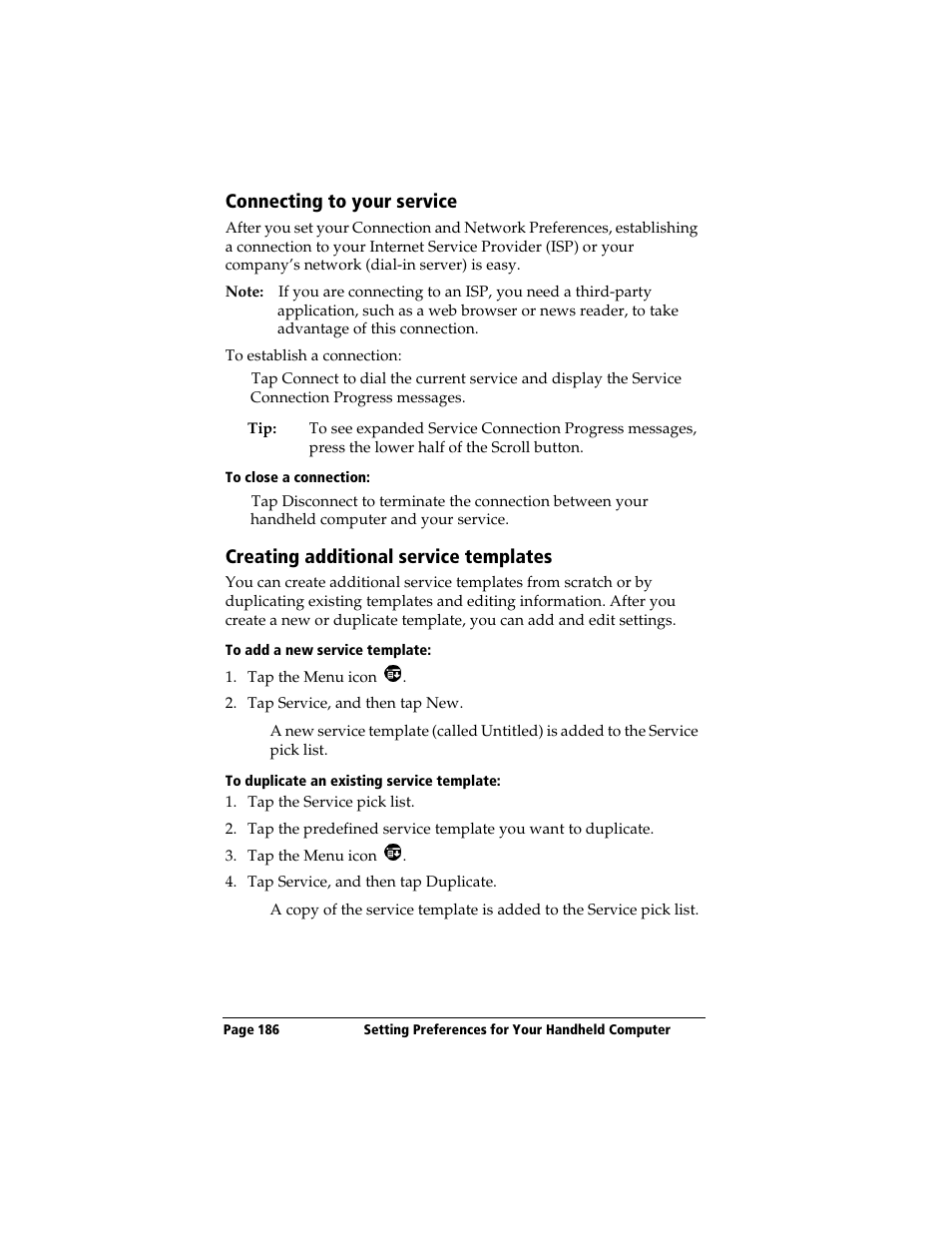 Connecting to your service, To close a connection, Creating additional service templates | To add a new service template, To duplicate an existing service template | 3Com TRGpro User Manual | Page 194 / 260