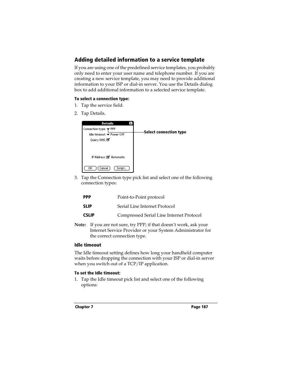 Adding detailed information to a service template, To select a connection type, Idle timeout | To set the idle timeout | 3Com TRGpro User Manual | Page 195 / 260