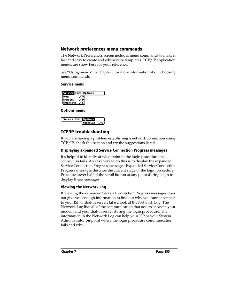 Network preferences menu commands, Service menu, Options menu | Tcp/ip troubleshooting, Viewing the network log | 3Com TRGpro User Manual | Page 203 / 260