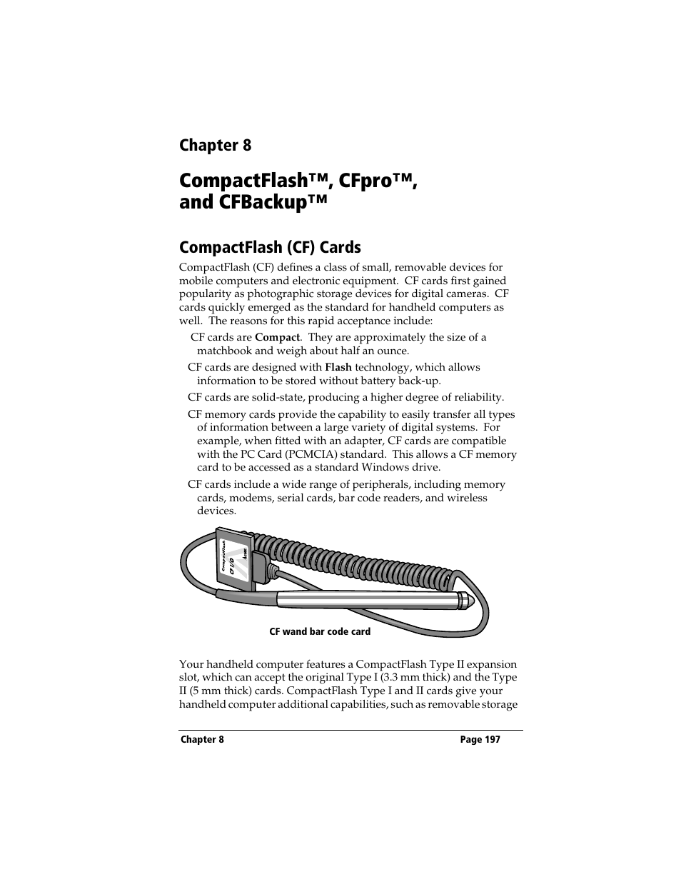 Chapter 8, Compactflash™, cfpro™, and cfbackup, Compactflash (cf) cards | 3Com TRGpro User Manual | Page 205 / 260