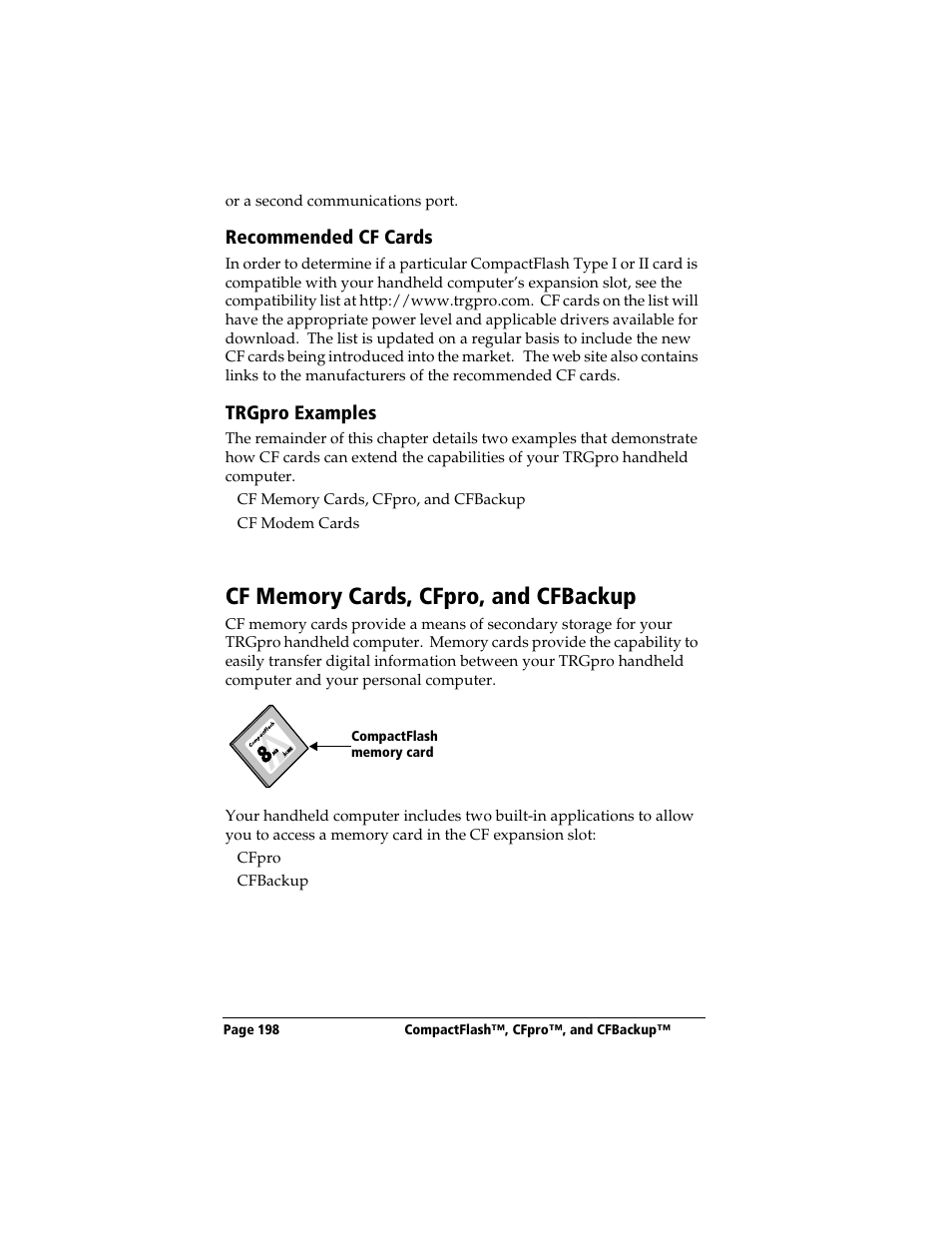 Recommended cf cards, Trgpro examples, Cf memory cards, cfpro, and cfbackup | 3Com TRGpro User Manual | Page 206 / 260