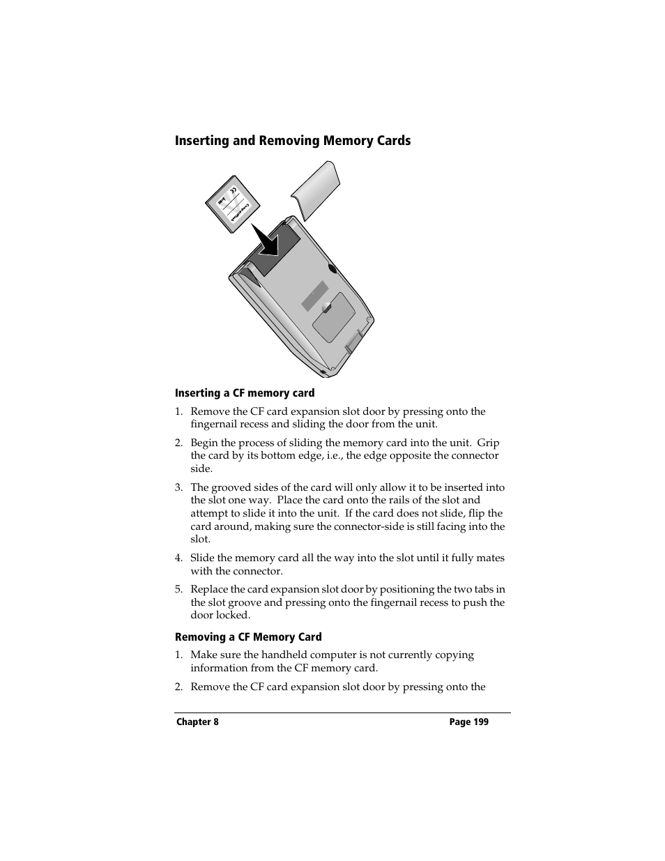 Inserting and removing memory cards, Inserting a cf memory card, Removing a cf memory card | 3Com TRGpro User Manual | Page 207 / 260