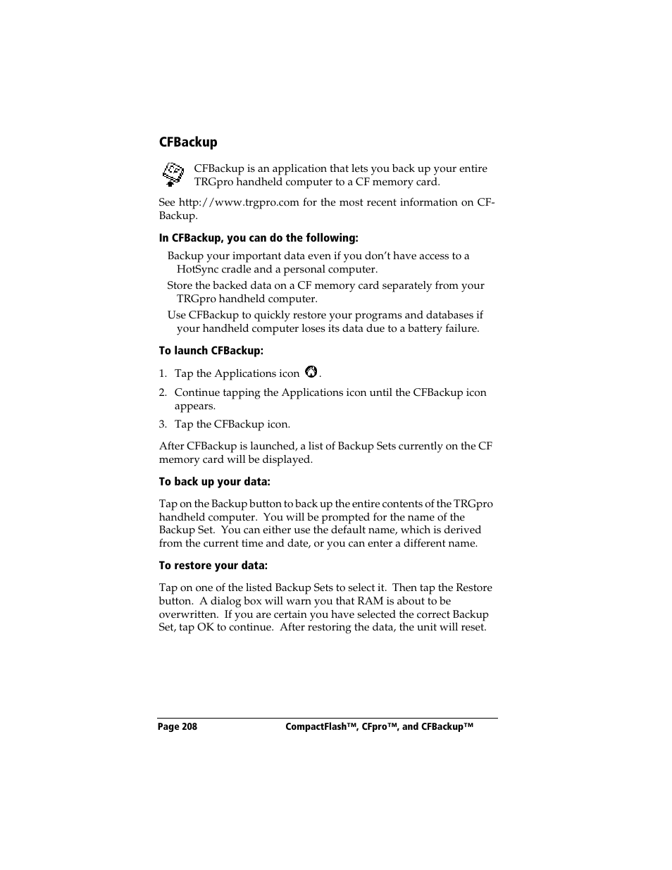 Cfbackup, In cfbackup, you can do the following, To launch cfbackup | To back up your data, To restore your data | 3Com TRGpro User Manual | Page 216 / 260