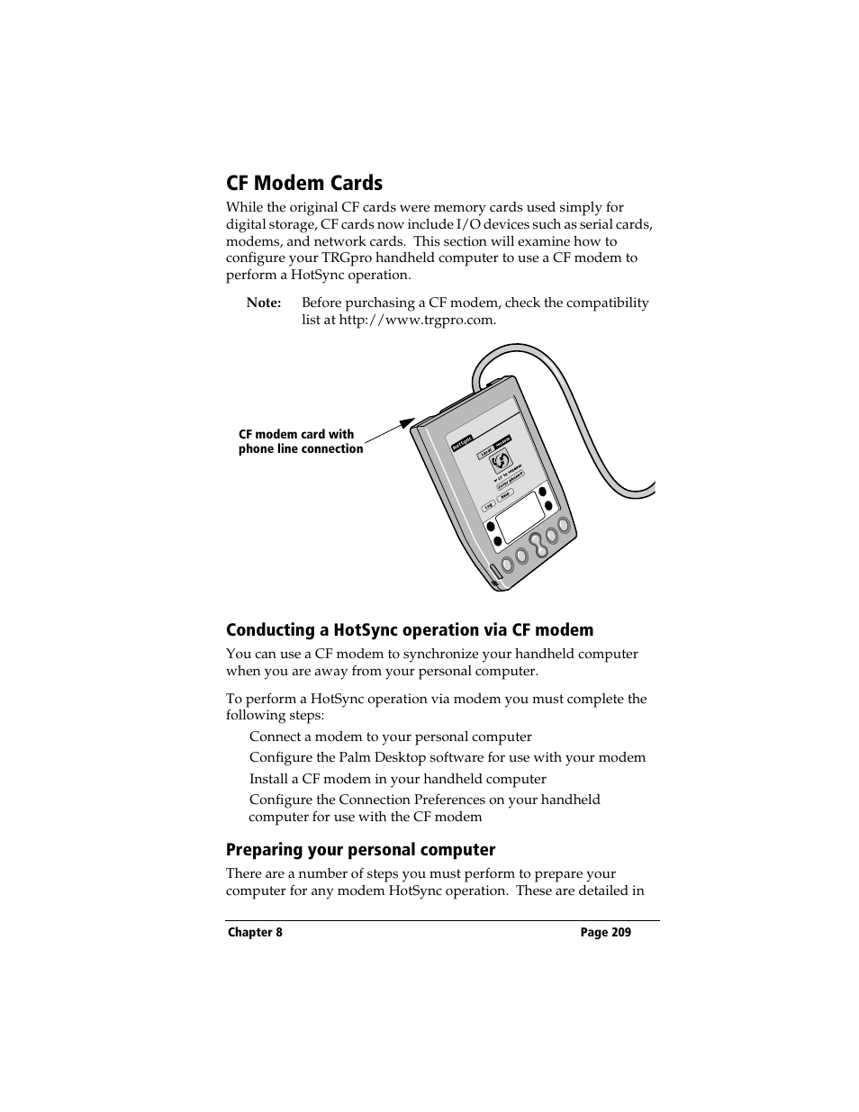 Cf modem cards, Conducting a hotsync operation via cf modem, Preparing your personal computer | 3Com TRGpro User Manual | Page 217 / 260