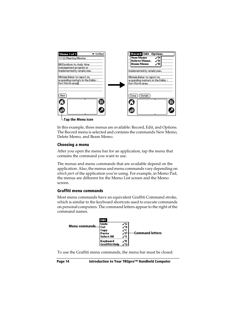 Choosing a menu, Graffiti menu commands | 3Com TRGpro User Manual | Page 22 / 260