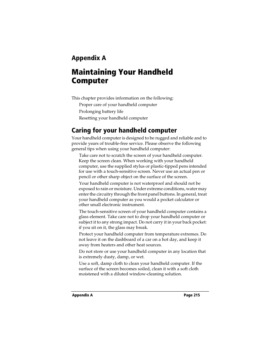 Appendix a, Maintaining your handheld computer, Caring for your handheld computer | 3Com TRGpro User Manual | Page 223 / 260