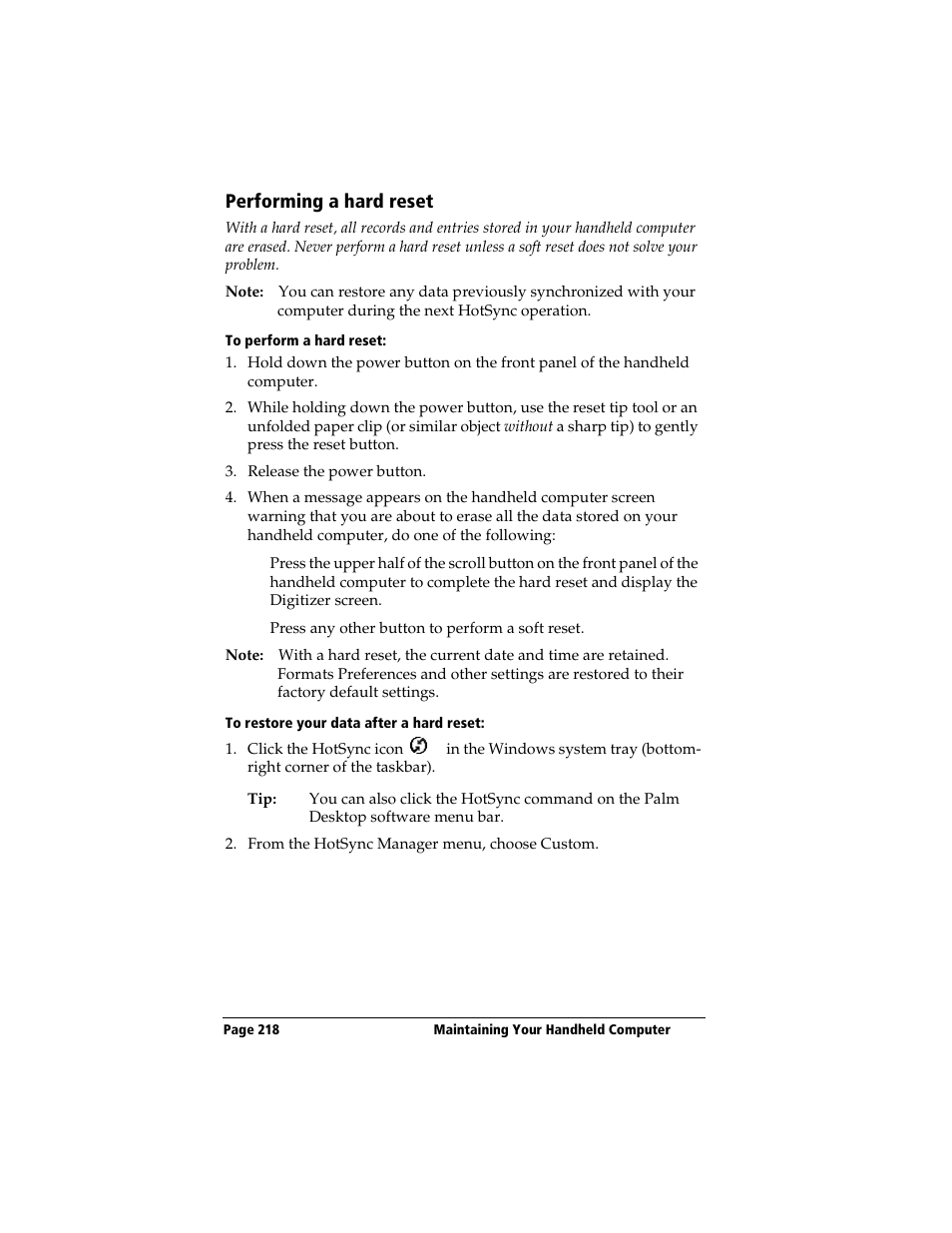 Performing a hard reset, To perform a hard reset, To restore your data after a hard reset | 3Com TRGpro User Manual | Page 226 / 260