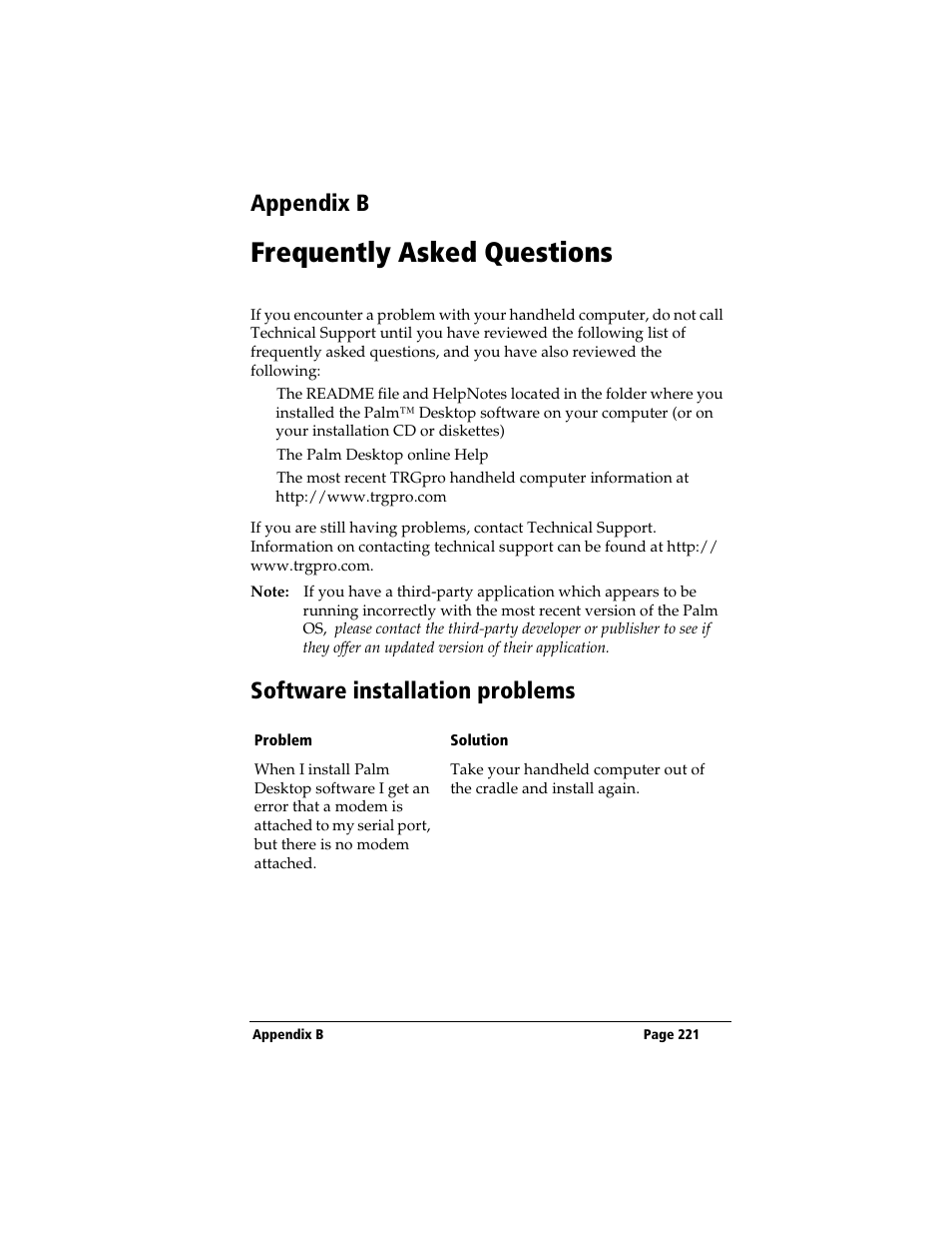 Appendix b, Frequently asked questions, Software installation problems | 3Com TRGpro User Manual | Page 229 / 260