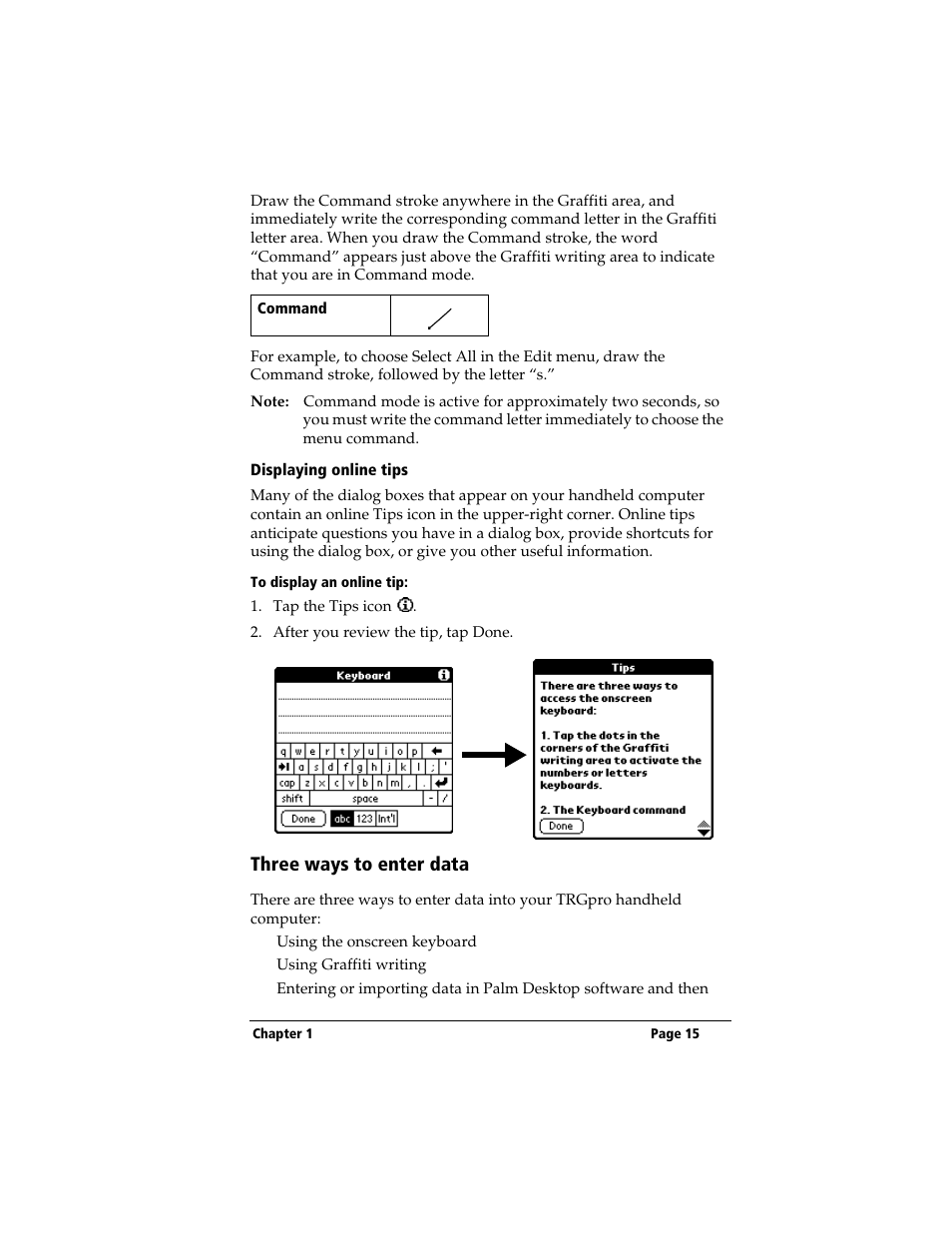 Displaying online tips, To display an online tip, Three ways to enter data | 3Com TRGpro User Manual | Page 23 / 260