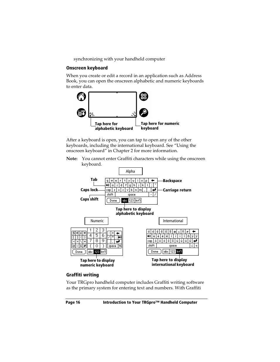 Onscreen keyboard, Graffiti writing | 3Com TRGpro User Manual | Page 24 / 260