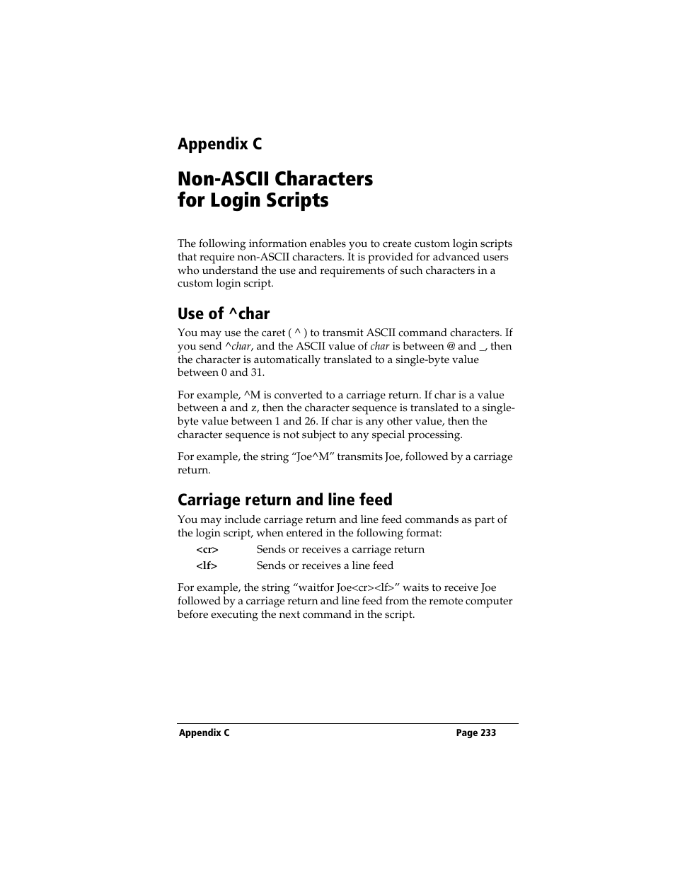 Appendix c, Non-ascii characters for login scripts, Use of ^char | Carriage return and line feed | 3Com TRGpro User Manual | Page 241 / 260