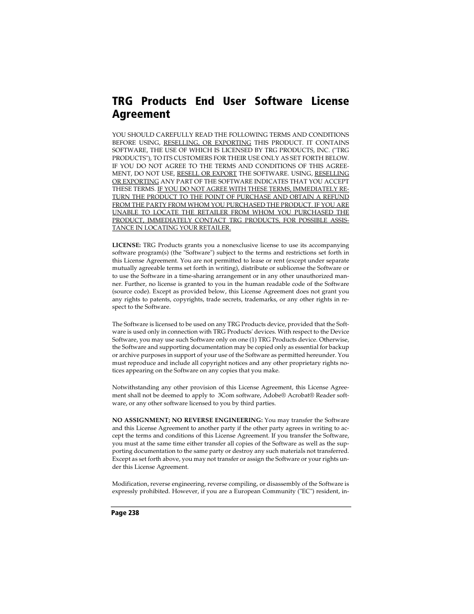 Trg products end user software license agreement | 3Com TRGpro User Manual | Page 246 / 260