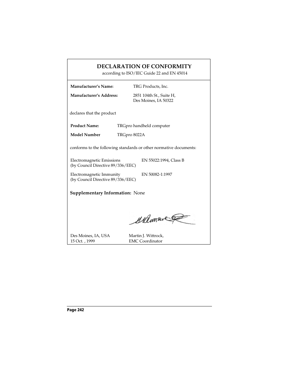 Declaration of conformity | 3Com TRGpro User Manual | Page 250 / 260